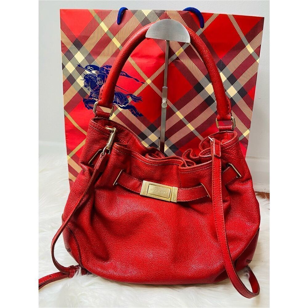 Burberry Willenmore Leather Hobo/ Crossbody Bag in Red Pebbled Calfskin Leather